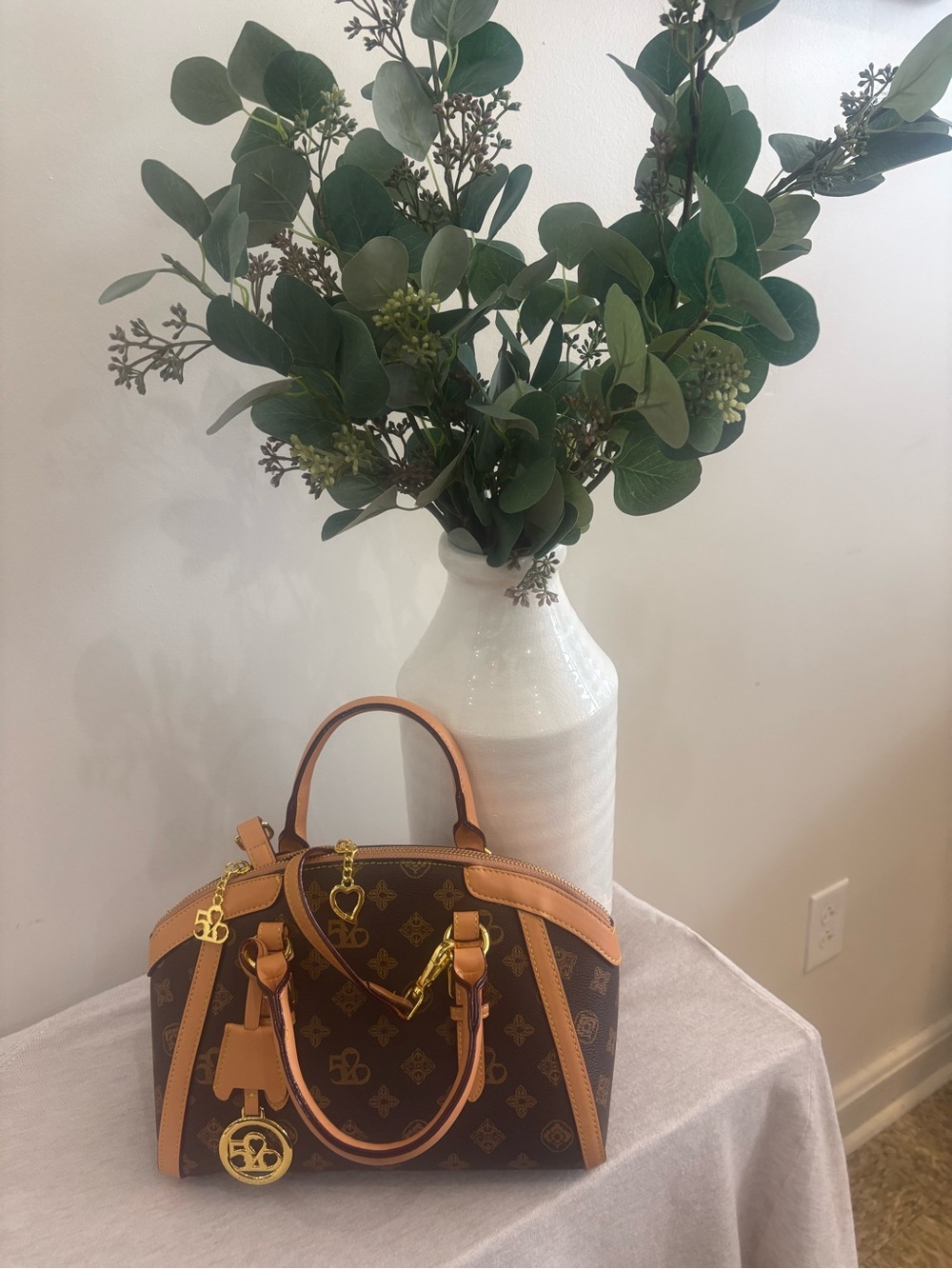 Source Unknown Brown Monogram Satchel with Tan Trim and Gold Hardware